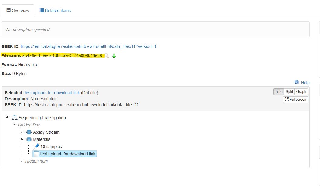The page of a dataset in the catalogue, with the line Filename marked