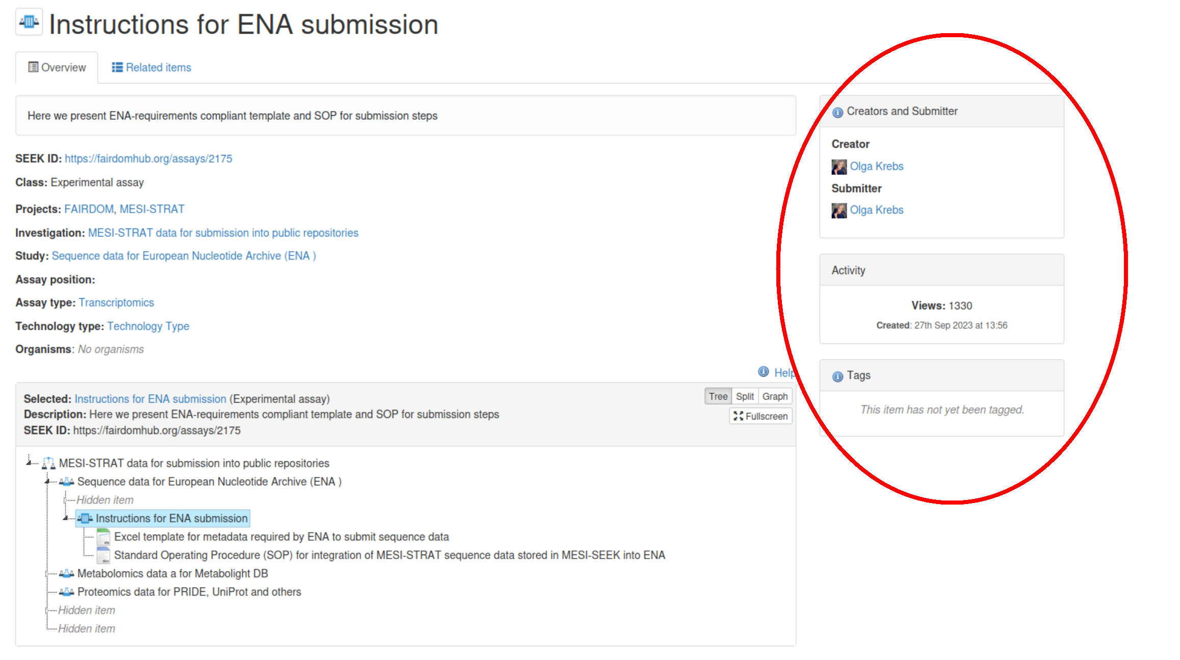 Where to find creators and submitters in FairdomSEEK 